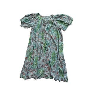 Go Softly Patio Dress Large Flutter Sleeves & Front Buttons Green & Blue Pattern